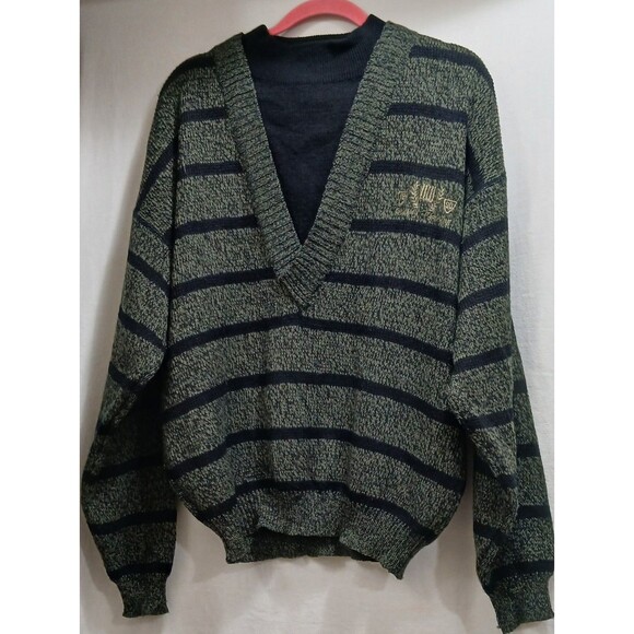 RARE 1990 IOU Men's Retro V-Neck Quality Clothing Embroidered Stripe Sweater Med - Picture 1 of 7
